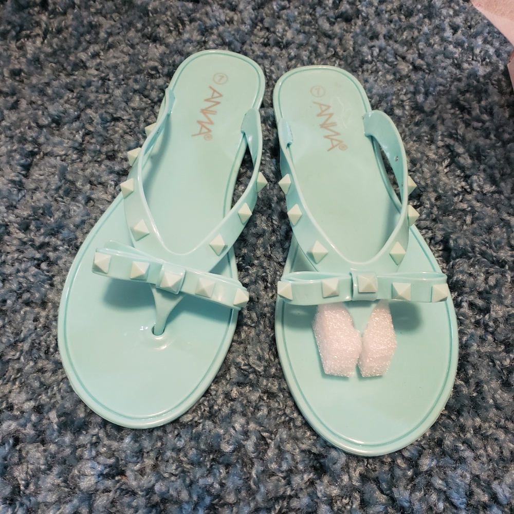 Anna Turquoise studded flip flops